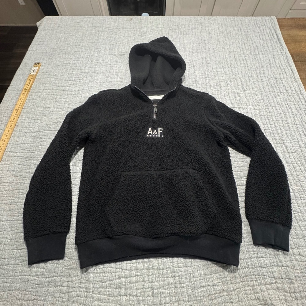 Abercrombie & Fitch Kids 11/12 Deep Pile 1/4 Zip Hoodie Black Sherpa Fleece
